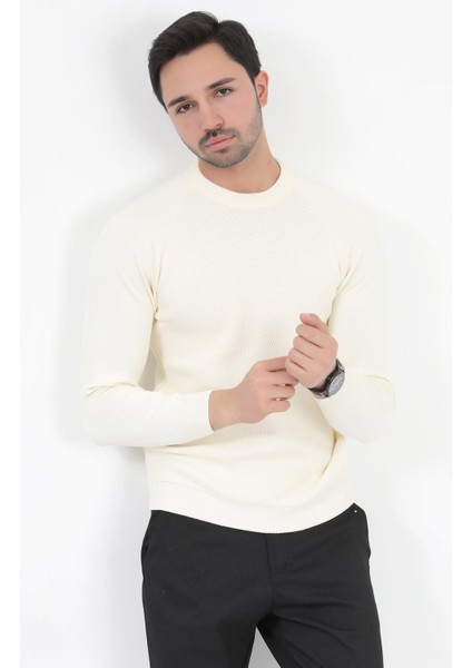 Erkek Triko Kazak Ekru Mikro Flament Italyan Kol Bisiklet Yaka Slimfit - 2010
