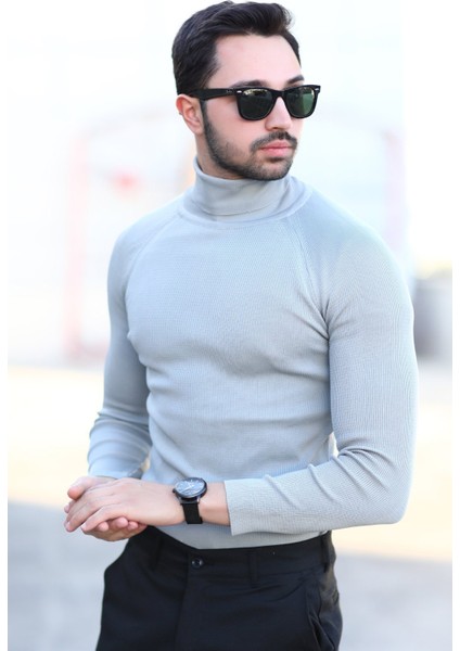 Erkek Balıkçı Yaka Örgü Kazak Gri %100 Mikro Flament Triko - 1012