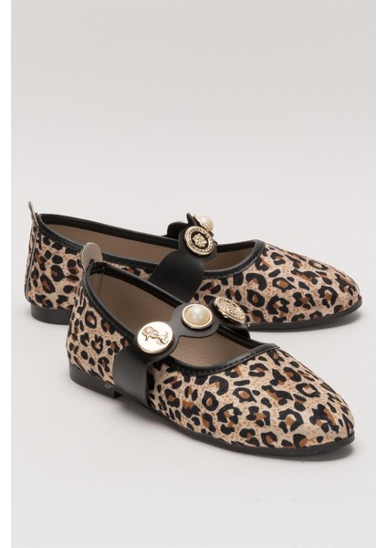 Kadın Oval Burun Aksesuar Bantlı Babet Ayakkabı BEJ - KAHVERENGİ