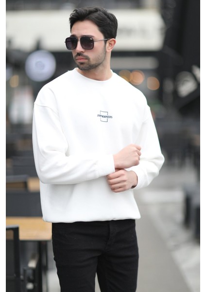 Erkek Bisiklet Yaka Marka Baskılı Üç Iplik Şardonlu Sweatshirt Beyaz - 5255-1