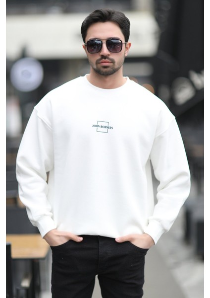 Erkek Bisiklet Yaka Marka Baskılı Üç Iplik Şardonlu Sweatshirt Beyaz - 5255-1 fiyatları