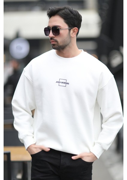 Erkek Bisiklet Yaka Marka Baskılı Üç Iplik Şardonlu Sweatshirt Beyaz - 5255-1 modelleri