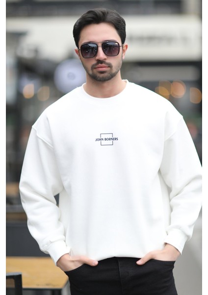 Erkek Bisiklet Yaka Marka Baskılı Üç Iplik Şardonlu Sweatshirt Beyaz - 5255-1 indirimleri