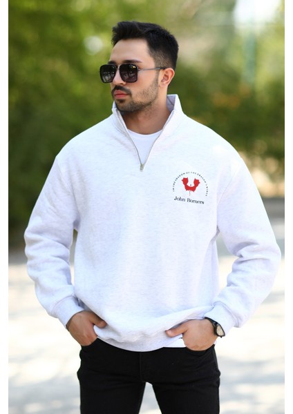 Erkek Yarım Fermuarlı Ön ve Arka Baskılı Pamuklu Sweatshirt - 10013