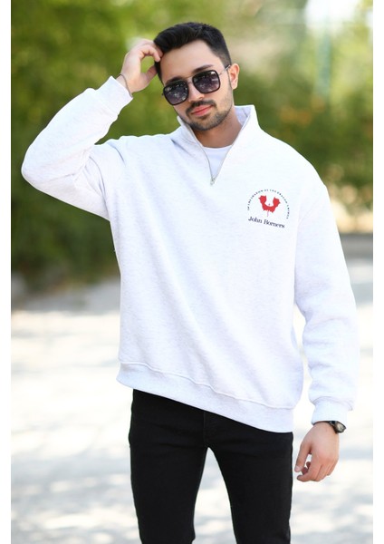 Erkek Yarım Fermuarlı Ön ve Arka Baskılı Pamuklu Sweatshirt - 10013 fiyatları