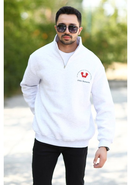 Erkek Yarım Fermuarlı Ön ve Arka Baskılı Pamuklu Sweatshirt - 10013 modelleri
