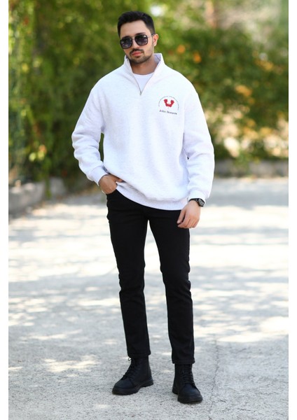 Erkek Yarım Fermuarlı Ön ve Arka Baskılı Pamuklu Sweatshirt - 10013 indirimleri