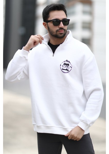 Erkek Ekru Yarım Fermuarlı Ön Arka John Borners Baskılı Sweatshirt - 10015
