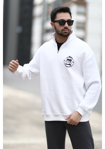 Erkek Ekru Yarım Fermuarlı Ön Arka John Borners Baskılı Sweatshirt - 10015 fiyatları