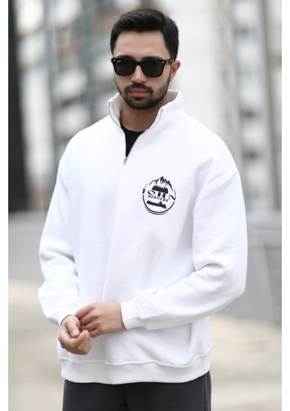 Erkek Ekru Yarım Fermuarlı Ön Arka John Borners Baskılı Sweatshirt - 10015 modelleri