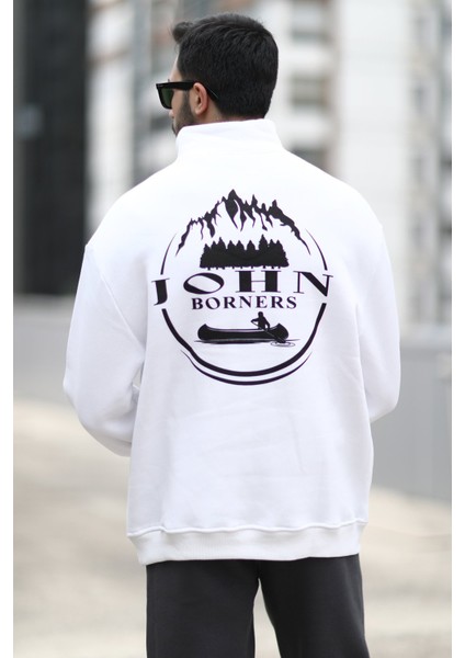 Erkek Ekru Yarım Fermuarlı Ön Arka John Borners Baskılı Sweatshirt - 10015 fırsatları