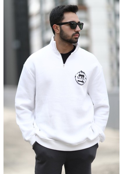 Erkek Ekru Yarım Fermuarlı Ön Arka John Borners Baskılı Sweatshirt - 10015 indirimleri