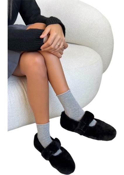 Tüylü Tek Kemer Cırtlı Panduf Kadın Ev Babeti SİYAH