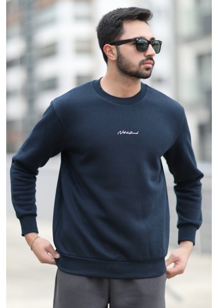 Erkek Bisiklet Yaka 3iplik Baskılı Sweatshirt Lacivert - 5012-1
