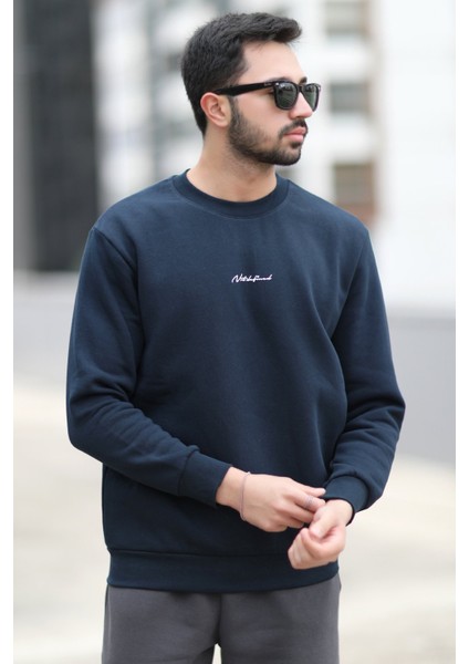Erkek Bisiklet Yaka 3iplik Baskılı Sweatshirt Lacivert - 5012-1 fiyatları