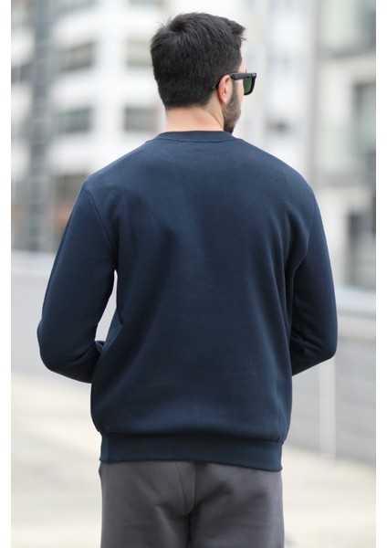 Erkek Bisiklet Yaka 3iplik Baskılı Sweatshirt Lacivert - 5012-1 modelleri