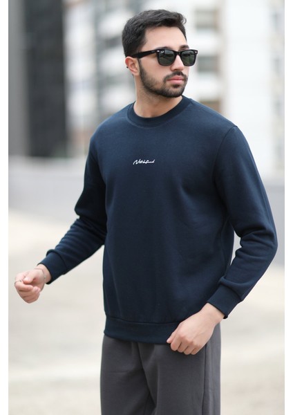Erkek Bisiklet Yaka 3iplik Baskılı Sweatshirt Lacivert - 5012-1 fırsatları