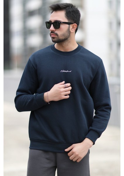 Erkek Bisiklet Yaka 3iplik Baskılı Sweatshirt Lacivert - 5012-1 indirimleri
