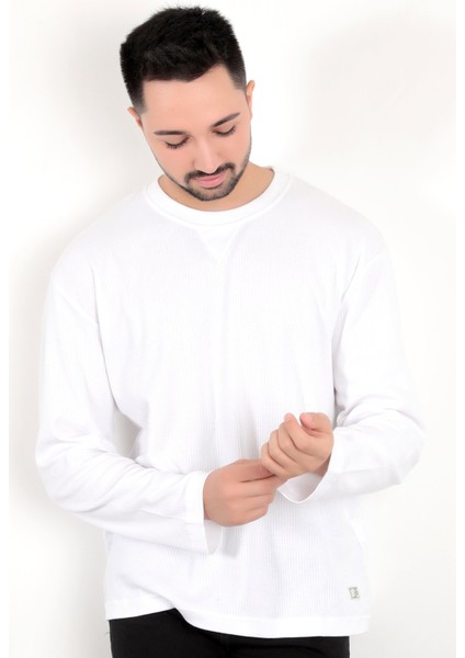 Erkek Ekru Iğne Çıkartmalı Interlok Regular Sweat