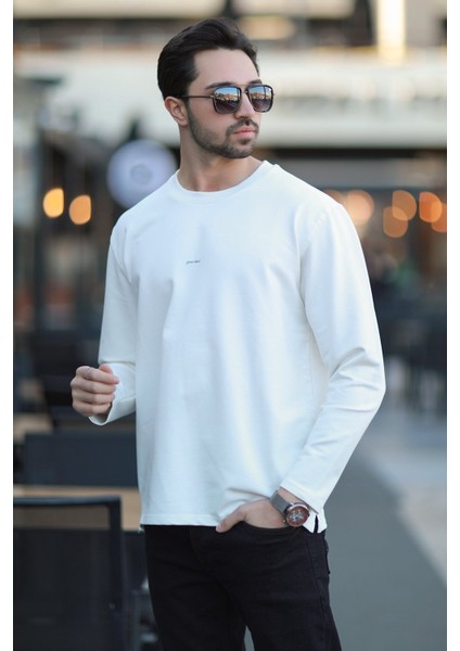 Erkek Bisiklet Yaka Baskı Detaylı 2iplik Sweatshirt Beyaz - 5725