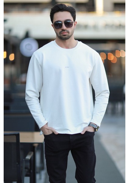 Erkek Bisiklet Yaka Baskı Detaylı 2iplik Sweatshirt Beyaz - 5725