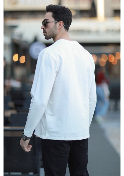 Erkek Bisiklet Yaka Baskı Detaylı 2iplik Sweatshirt Beyaz - 5725