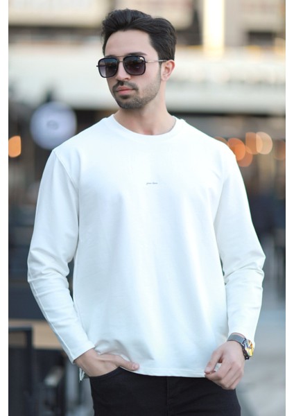 Erkek Bisiklet Yaka Baskı Detaylı 2iplik Sweatshirt Beyaz - 5725
