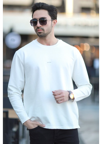 Erkek Bisiklet Yaka Baskı Detaylı 2iplik Sweatshirt Beyaz - 5725