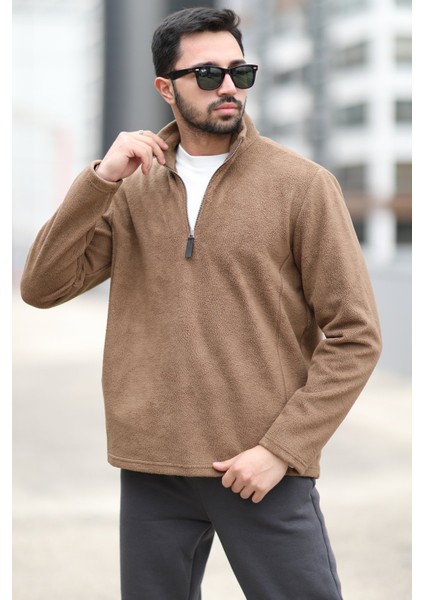 Erkek Kışlık Polarlı Sweatshirt Kahverengi Yarım Fermuarlı Dik Yaka Boğazlı - 6053