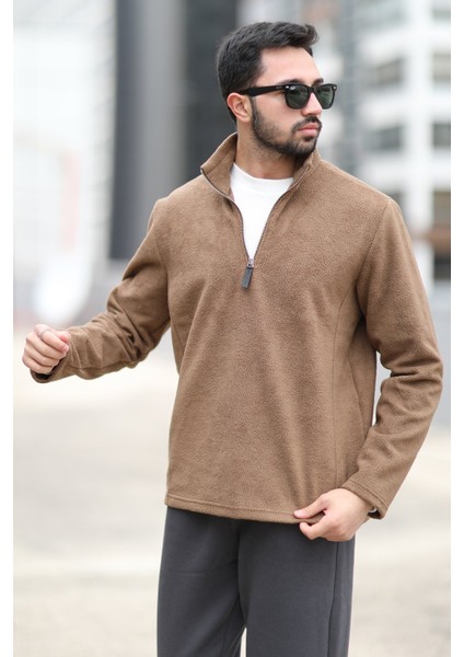 Erkek Kışlık Polarlı Sweatshirt Kahverengi Yarım Fermuarlı Dik Yaka Boğazlı - 6053
