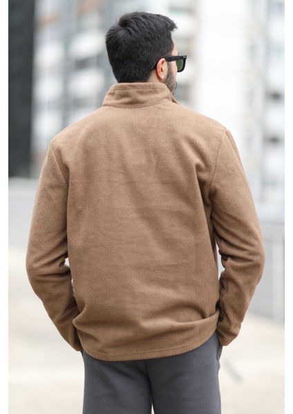 Erkek Kışlık Polarlı Sweatshirt Kahverengi Yarım Fermuarlı Dik Yaka Boğazlı - 6053