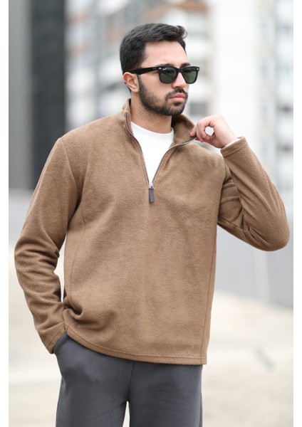 Erkek Kışlık Polarlı Sweatshirt Kahverengi Yarım Fermuarlı Dik Yaka Boğazlı - 6053
