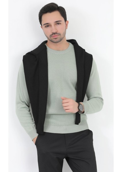 Erkek Triko Kazak Çağla Mikro Flament Italyan Kol Bisiklet Yaka Slimfit - 2010