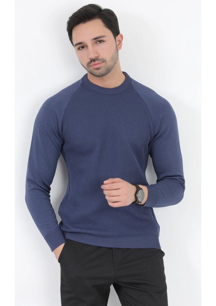 Erkek Triko Kazak Indigo Mikro Flament Italyan Kol Bisiklet Yaka Slimfit - 2010