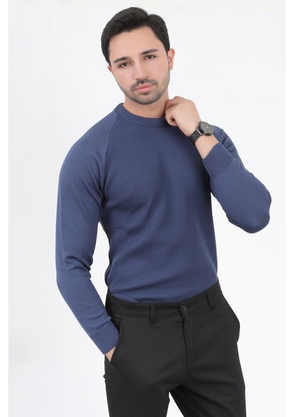 Erkek Triko Kazak Indigo Mikro Flament Italyan Kol Bisiklet Yaka Slimfit - 2010