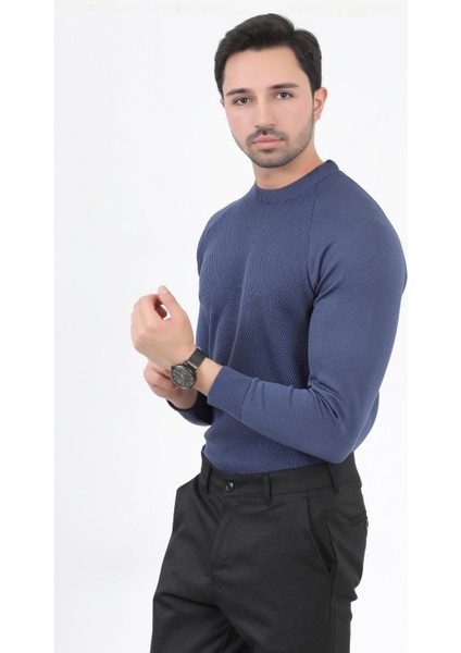 Erkek Triko Kazak Indigo Mikro Flament Italyan Kol Bisiklet Yaka Slimfit - 2010
