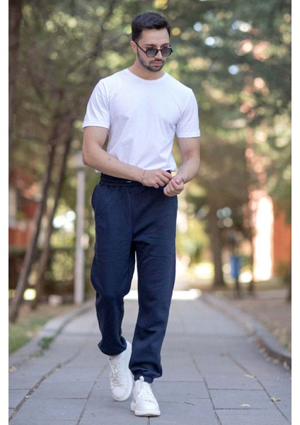 Erkek Eşofman Altı Indigo 3 Iplik Kışlık Cepli Beli Bağcıklı Lastikli Paça - 10008