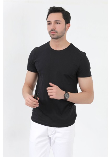 John Borners Erkek Siyah %100 Pamuk Slim Fit Dar Kesim Bisiklet Yaka Basic Süprem T-Shirt