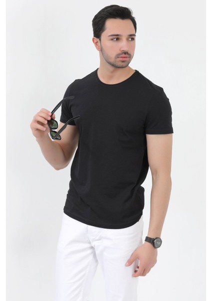 John Borners Erkek Siyah %100 Pamuk Slim Fit Dar Kesim Bisiklet Yaka Basic Süprem T-Shirt