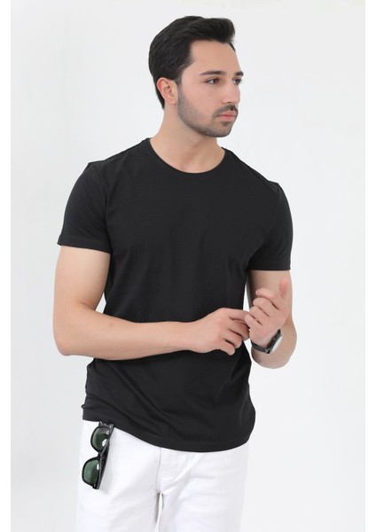 John Borners Erkek Siyah %100 Pamuk Slim Fit Dar Kesim Bisiklet Yaka Basic Süprem T-Shirt