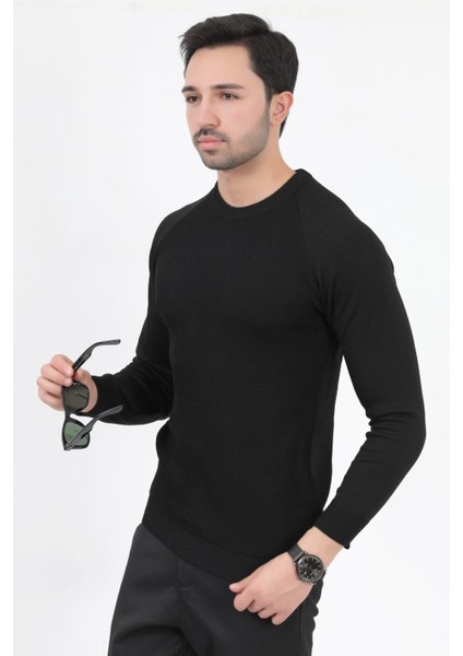 Erkek Triko Kazak Siyah Mikro Flament Italyan Kol Bisiklet Yaka Slimfit - 2010