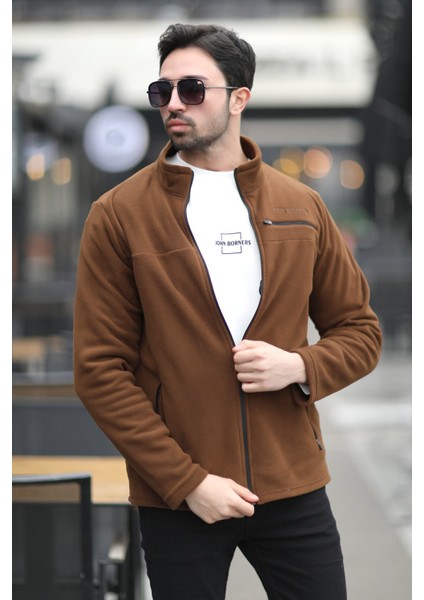 Erkek Tam Fermuarlı Cep Detaylı Dik Yaka Polar Kahve - 6054