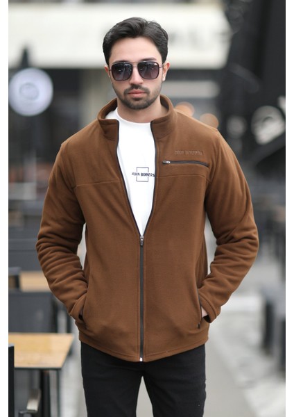 Erkek Tam Fermuarlı Cep Detaylı Dik Yaka Polar Kahve - 6054 indirimleri