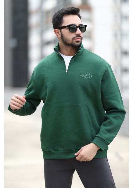Erkek Kışlık Yarım Fermuarlı Sweatshirt Yeşil 3 Ip Dik Yaka Baskılı Ribanalı - 10011