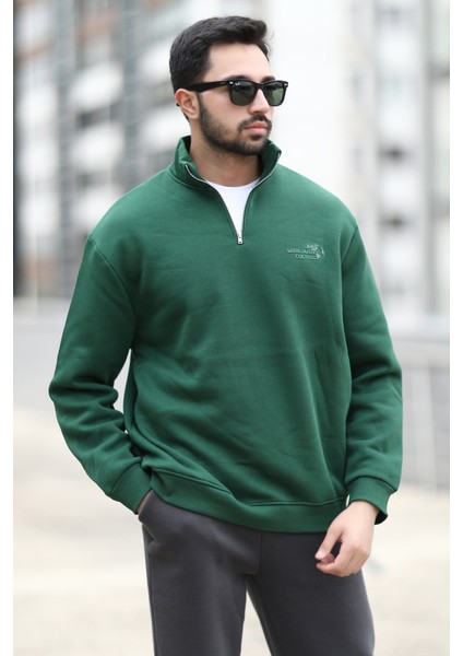 Erkek Kışlık Yarım Fermuarlı Sweatshirt Yeşil 3 Ip Dik Yaka Baskılı Ribanalı - 10011