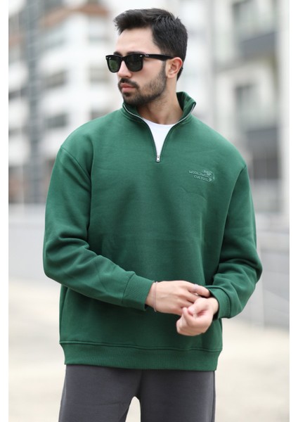Erkek Kışlık Yarım Fermuarlı Sweatshirt Yeşil 3 Ip Dik Yaka Baskılı Ribanalı - 10011