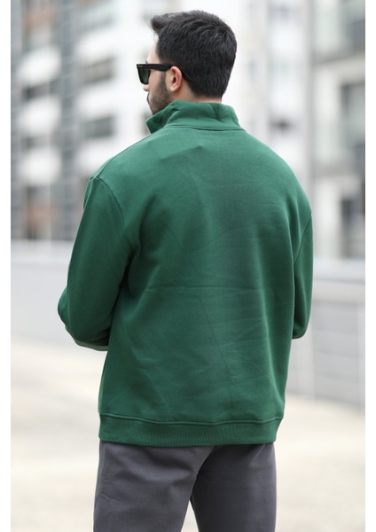 Erkek Kışlık Yarım Fermuarlı Sweatshirt Yeşil 3 Ip Dik Yaka Baskılı Ribanalı - 10011