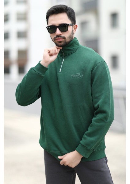 Erkek Kışlık Yarım Fermuarlı Sweatshirt Yeşil 3 Ip Dik Yaka Baskılı Ribanalı - 10011