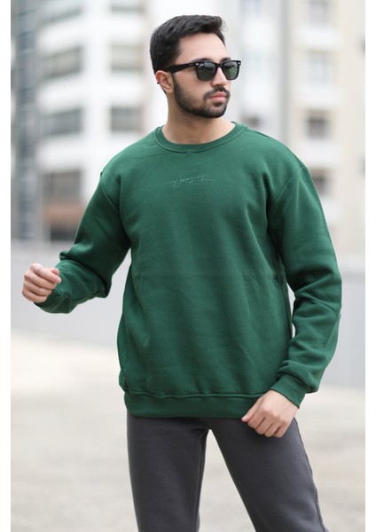 Erkek Kışlık Oversize Sweatshirt Yeşil Amazing Baskılı O Yaka Ribanalı - 10020