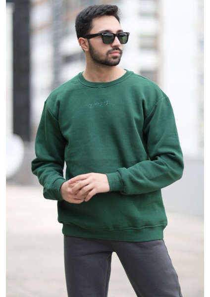 Erkek Kışlık Oversize Sweatshirt Yeşil Amazing Baskılı O Yaka Ribanalı - 10020